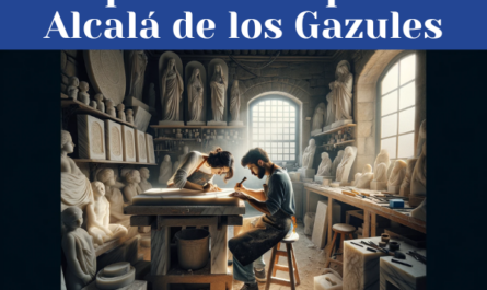 Una pareja atractiva de marmolistas, un hombre y una mujer, trabajando en un taller bien iluminado, en el proceso de tallar una lápida para un nicho funerario. El taller está lleno de luz, evitando cualquier penumbra, lo que destaca la textura y el detalle del mármol. Hay varias lápidas ya terminadas alrededor del taller, algunas con cruces y otras con símbolos laicos. Pequeños elementos decorativos y herramientas en el taller sugieren una ubicación en Alcalá de los Gazules, en la Provincia de Cádiz, como azulejos andaluces y vistas de la campiña a través de una ventana abierta. La imagen es de alta definición, capturando el ambiente trabajador y artesanal del taller.