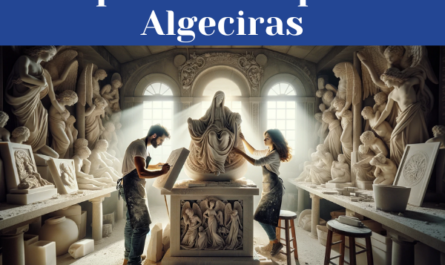 Una pareja de marmolistas, un hombre y una mujer, ambos atractivos, están laboriosamente trabajando en su taller, que está bañado en una luz clara y brillante, sugiriendo una escena sin penumbras. Se encuentran en el proceso de esculpir una lápida para un nicho funerario. En el fondo, se pueden ver otras lápidas ya completadas, algunas con iconografía religiosa y otras con motivos más laicos. El taller tiene toques que insinúan su ubicación en Algeciras, Provincia de Cádiz, como elementos decorativos que podrían ser típicos de la cultura local o vistas parciales del paisaje o arquitectura emblemática de Algeciras.