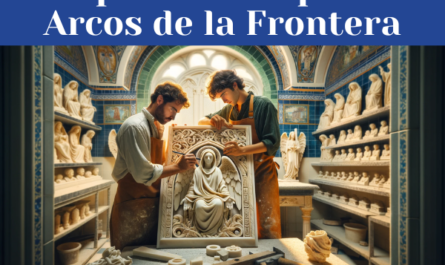 Una pareja de marmolistas, un hombre y una mujer, ambos atractivos y trabajando juntos en un taller bien iluminado, confeccionando una lápida para un nicho funerario. El taller está rodeado de lápidas ya completas con una mezcla de motivos religiosos y seculares. Detalles del interior reflejan la estética de Arcos de la Frontera, con azulejos tradicionales andaluces y herramientas de marmolista esparcidas, sugiriendo un ambiente de artesanía en la Provincia de Cádiz. La imagen debe ser clara, nítida y en alta definición, capturando la esencia del trabajo artesanal en un entorno luminoso y detallado.