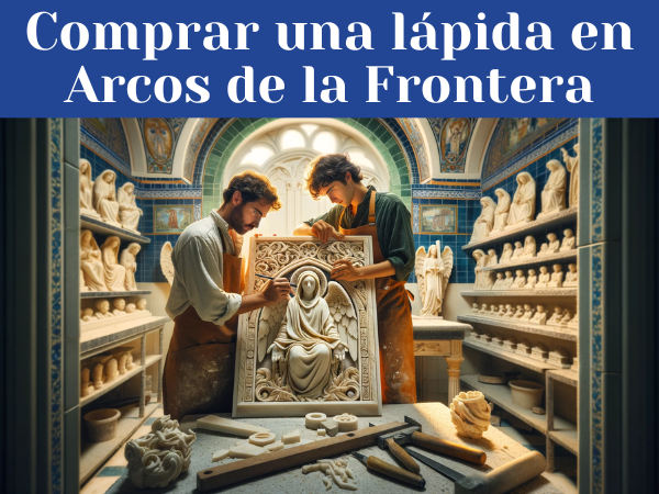 Una pareja de marmolistas, un hombre y una mujer, ambos atractivos y trabajando juntos en un taller bien iluminado, confeccionando una lápida para un nicho funerario. El taller está rodeado de lápidas ya completas con una mezcla de motivos religiosos y seculares. Detalles del interior reflejan la estética de Arcos de la Frontera, con azulejos tradicionales andaluces y herramientas de marmolista esparcidas, sugiriendo un ambiente de artesanía en la Provincia de Cádiz. La imagen debe ser clara, nítida y en alta definición, capturando la esencia del trabajo artesanal en un entorno luminoso y detallado.