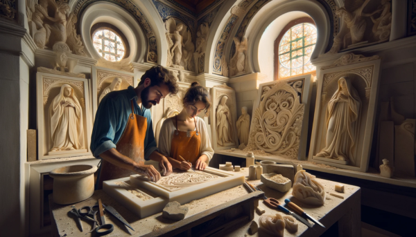 Una pareja de marmolistas, un hombre y una mujer, ambos atractivos y trabajando juntos en un taller bien iluminado, confeccionando una lápida para un nicho funerario. El taller está rodeado de lápidas ya completas con una mezcla de motivos religiosos y seculares. Detalles del interior reflejan la estética de Arcos de la Frontera, con azulejos tradicionales andaluces y herramientas de marmolista esparcidas, sugiriendo un ambiente de artesanía en la Provincia de Cádiz. La imagen debe ser clara, nítida y en alta definición, capturando la esencia del trabajo artesanal en un entorno luminoso y detallado.