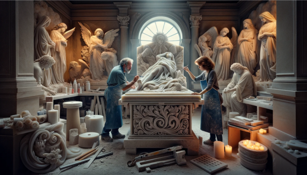 Una pareja atractiva de marmolistas, un hombre y una mujer, trabajando en su luminoso taller, tallando una lápida para un nicho funerario. El taller debe estar repleto de luz natural, destacando la claridad y alta definición de la escena. Alrededor se ven varias lápidas terminadas con motivos tanto religiosos como laicos. Elementos en el taller, como herramientas específicas, decoraciones o vistas a través de ventanas, deben sugerir sutilmente que el taller se encuentra en Barbate, en la Provincia de Cádiz. La imagen debe capturar el arte y la habilidad de los artesanos en un entorno lleno de tradición y cultura local.