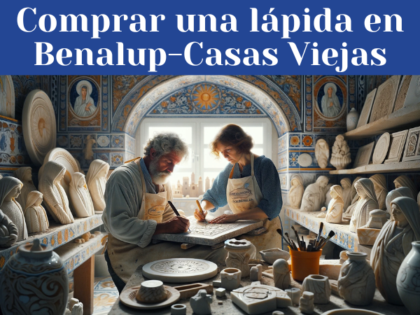 Una pareja de atractivos marmolistas, un hombre y una mujer, trabajando en un taller luminoso y claro, elaborando una lápida para un nicho funerario. El taller está repleto de lápidas acabadas, algunas con motivos religiosos y otras con diseños laicos, mostrando la diversidad de su trabajo. Se pueden ver elementos que evocan a Benalup-Casas Viejas en la Provincia de Cádiz, como tal vez un calendario con una imagen del pueblo, azulejos típicos andaluces o herramientas de trabajo específicas de la región. La imagen es en alta definición y con suficiente iluminación para apreciar los detalles del taller y la destreza de los artesanos.