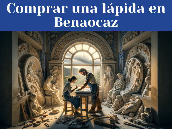 Una pareja atractiva de marmolistas, un hombre y una mujer, trabajando en su taller luminoso y espacioso, elaborando una lápida para un nicho funerario. El taller está lleno de luz, evitando cualquier penumbra, con lápidas terminadas a su alrededor que muestran una mezcla de motivos religiosos y seculares. Elementos decorativos y herramientas del taller sugieren la localidad de Benaocaz en la Provincia de Cádiz, como azulejos típicos andaluces o vistas del paisaje de la Sierra de Cádiz a través de un gran ventanal. La imagen es en alta definición, destacando los detalles del trabajo artesanal y la belleza del entorno.