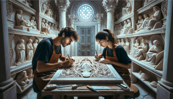 Una pareja caucásica de marmolistas atractivos, un hombre y una mujer, trabajando en su taller bien iluminado, tallando una lápida para un nicho funerario. El taller debe tener claridad y estar iluminado con luz natural, evitando cualquier penumbra. Debe estar lleno de lápidas ya terminadas con una variedad de motivos, tanto religiosos como no religiosos. Elementos en el fondo del taller y su decoración deben sugerir sutilmente que se encuentra en Cádiz, Provincia de Cádiz, como podría ser una ventana que ofrezca vistas de la ciudad o azulejos andaluces. La imagen debe ser en alta definición, capturando los detalles de la habilidad artística y la estética del entorno.