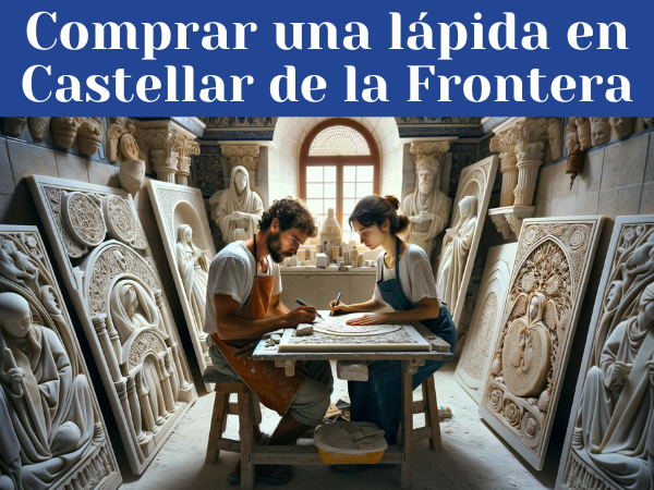 Una pareja de marmolistas, un hombre y una mujer, ambos atractivos, trabajando en su taller iluminado por una clara luz diurna. Están elaborando una lápida para un nicho funerario. Alrededor del taller se observan varias lápidas ya terminadas, algunas con inscripciones y adornos religiosos, otras con motivos laicos. El estilo del taller sugiere una ubicación en Castellar de la Frontera, en la provincia de Cádiz, con elementos distintivos como azulejos típicos de la región y una arquitectura que refleje la esencia de Andalucía. La imagen debe ser nítida, en alta definición, destacando los detalles del trabajo artesanal y el entorno tradicional del taller.