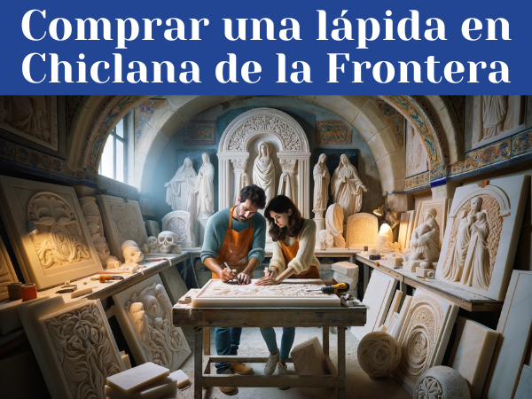 Una pareja de marmolistas, un hombre y una mujer, ambos atractivos, trabajando en su taller iluminado de forma clara y natural, tallando una lápida para un nicho funerario. El taller está lleno de lápidas ya terminadas, algunas con motivos religiosos y otras con diseños laicos. Los detalles del taller, como azulejos andaluces, herramientas de artesanía y una ambientación que sugiere Chiclana de la Frontera en la Provincia de Cádiz, por ejemplo, un póster del carnaval de Chiclana o una referencia sutil a la arquitectura local. La imagen es en alta definición y con buena iluminación, resaltando la habilidad y el entorno laboral de los artesanos.