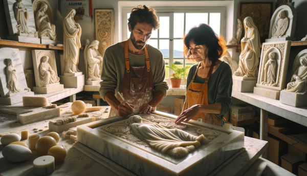 Una pareja de marmolistas, un hombre y una mujer, ambos atractivos y vestidos de forma casual, están trabajando juntos en un taller bien iluminado y espacioso. Están tallando detalladamente una lápida para un nicho funerario. El taller está lleno de lápidas ya completadas con diversos motivos, incluyendo algunos religiosos y otros seculares, mostrando la variedad de su trabajo. A través de una ventana grande se filtra la luz del día, ofreciendo una vista que insinúa que el taller está en Conil de la Frontera, Provincia de Cádiz, tal vez visible por la cerámica típica de la región o un pequeño cartel que haga referencia al lugar. La imagen debe ser clara, luminosa y en alta definición, destacando los detalles del trabajo en mármol y la ambientación del taller.