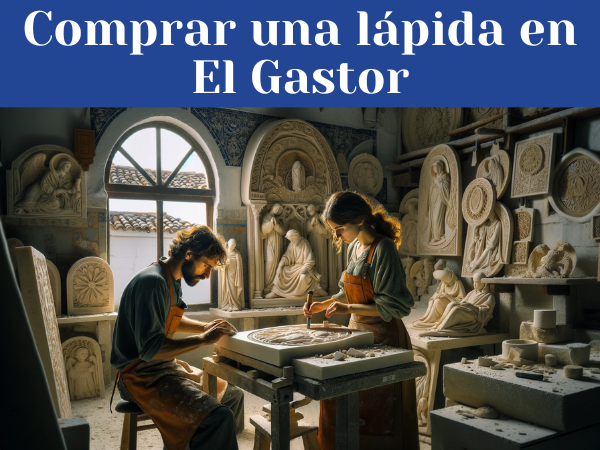 Una pareja atractiva de marmolistas caucásicos, un hombre y una mujer, están trabajando en un taller bien iluminado. Se les ve tallando una lápida para un nicho funerario. El taller está lleno de lápidas completas, con una mezcla de motivos religiosos y seculares. Elementos en la imagen, como azulejos andaluces o una vista que insinúe la localidad de El Gastor, Provincia de Cádiz, como colinas o edificaciones rurales a través de una ventana, sugieren la ubicación del taller. La imagen debe ser clara, luminosa, sin penumbra y en alta definición, con un enfoque en la artesanía y el ambiente del taller.