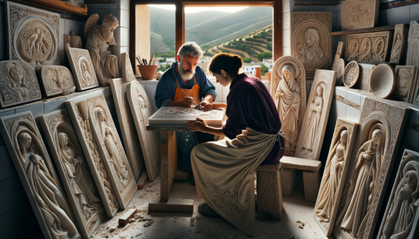 Una pareja caucásica de marmolistas, un hombre y una mujer, ambos atractivos, trabajando en su taller bien iluminado, tallando una lápida para un nicho funerario. El espacio está lleno de luz natural que resalta la limpieza y el orden del lugar. Hay varias lápidas terminadas alrededor, con una mezcla de motivos religiosos y seculares. El taller contiene elementos que evocan la localidad de Espera en la Provincia de Cádiz, como herramientas de marmolería tradicional y detalles decorativos regionales. La imagen es HD, clara y luminosa, capturando la esencia del trabajo artesanal y la ambientación de la región.