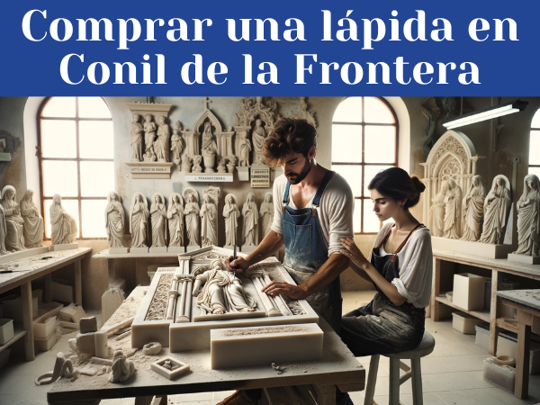 Una pareja de marmolistas, un hombre y una mujer, ambos atractivos y vestidos de forma casual, están trabajando juntos en un taller bien iluminado y espacioso. Están tallando detalladamente una lápida para un nicho funerario. El taller está lleno de lápidas ya completadas con diversos motivos, incluyendo algunos religiosos y otros seculares, mostrando la variedad de su trabajo. A través de una ventana grande se filtra la luz del día, ofreciendo una vista que insinúa que el taller está en Conil de la Frontera, Provincia de Cádiz, tal vez visible por la cerámica típica de la región o un pequeño cartel que haga referencia al lugar. La imagen debe ser clara, luminosa y en alta definición, destacando los detalles del trabajo en mármol y la ambientación del taller.