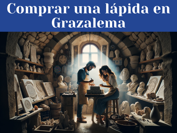 Una pareja caucásica y atractiva de marmolistas, un hombre y una mujer, trabajando juntos en su taller, bien iluminado con luz natural, creando una lápida para un nicho funerario. El taller está organizado y muestra varias lápidas ya completadas con diseños tanto religiosos como no religiosos. El estilo del taller y los detalles decorativos insinúan que se encuentra en Grazalema, Provincia de Cádiz, con elementos típicos como azulejos andaluces y herramientas de talla de piedra. La imagen es clara, sin sombras oscuras y en alta definición, resaltando la artesanía y la atmósfera del taller de marmolista.