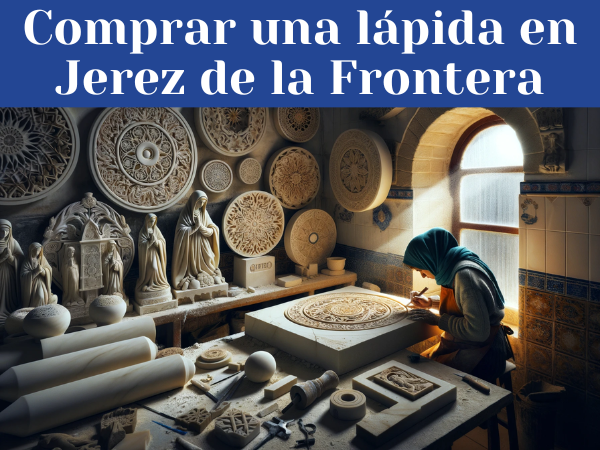 Una marmolista mujer trabajando en su taller bajo una luz clara, tallando una lápida funeraria para un nicho. El taller tiene un aspecto limpio y organizado, y está iluminado con luz natural que entra por las ventanas. Alrededor se aprecian diversas lápidas ya completadas, algunas con símbolos religiosos y otras con diseños no religiosos. El estilo del taller sugiere que está en Jerez de la Frontera, con detalles típicos como azulejos decorativos o herramientas tradicionales de la región de Cádiz. La composición debe transmitir un sentido de artesanía y tradición.