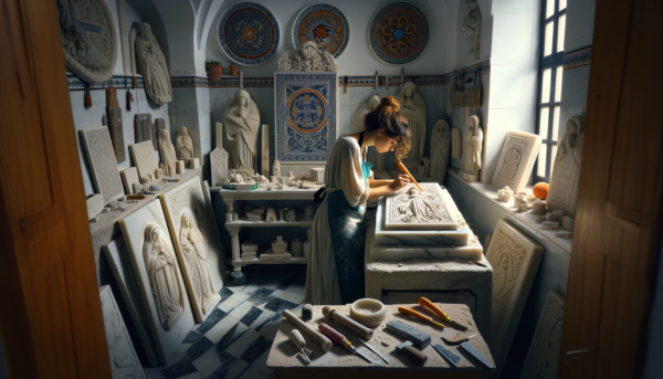 Una marmolista mujer trabajando en su taller bajo una luz clara, tallando una lápida funeraria para un nicho. El taller tiene un aspecto limpio y organizado, y está iluminado con luz natural que entra por las ventanas. Alrededor se aprecian diversas lápidas ya completadas, algunas con símbolos religiosos y otras con diseños no religiosos. El estilo del taller sugiere que está en Jerez de la Frontera, con detalles típicos como azulejos decorativos o herramientas tradicionales de la región de Cádiz. La composición debe transmitir un sentido de artesanía y tradición.