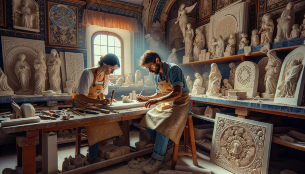 Una pareja atractiva de marmolistas, un hombre y una mujer, trabajando juntos en su taller iluminado por una luz clara y natural. Están concentrados en el proceso de tallar una lápida funeraria para un nicho. Alrededor del taller, se observan lápidas ya terminadas con una variedad de diseños, algunos con motivos religiosos y otros seculares. Elementos en el taller como herramientas de marmolería, azulejos y otros detalles decorativos sugieren que el taller está ubicado en Jimena de la Frontera, en la Provincia de Cádiz. La escena destaca el arte y la tradición de la artesanía de la región.