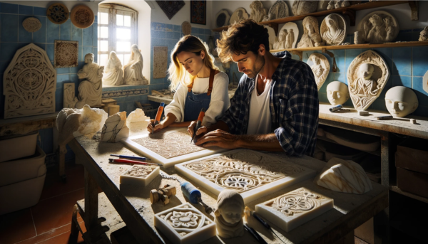 Una pareja de marmolistas, un hombre y una mujer, ambos atractivos, trabajando en su taller con luz brillante y natural. Están concentrados en la elaboración de una lápida para un nicho funerario. Alrededor, el taller está repleto de lápidas ya completadas, con una variedad de diseños que incluyen tanto motivos religiosos como seculares. El estilo del taller y los detalles del entorno insinúan que se encuentra en Los Barrios, en la Provincia de Cádiz, tal vez a través de elementos distintivos como herramientas tradicionales de la región, azulejos decorativos locales o una vista sutil a través de una ventana o una puerta abierta que muestre el paisaje característico de la zona.