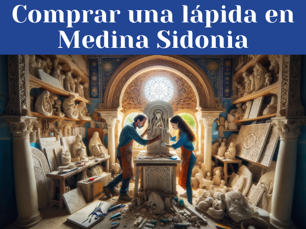 Una pareja de marmolistas, un hombre y una mujer, ambos atractivos, están trabajando juntos en su luminoso y espacioso taller, creando una lápida funeraria para un nicho. A su alrededor, se observan varias lápidas ya terminadas, algunas adornadas con símbolos religiosos y otras con motivos no religiosos. El estilo del taller y los materiales en uso sugieren que se encuentran en Medina Sidonia, Provincia de Cádiz. Elementos como azulejos andaluces, herramientas de marmolería y una ventana abierta que deja entrever el paisaje característico de la zona, ayudan a ubicar la escena en esta localidad.