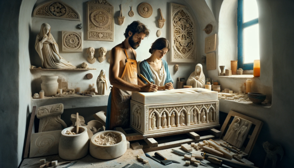 Una pareja de marmolistas, un hombre y una mujer, ambos atractivos, están trabajando juntos en su luminoso y espacioso taller, creando una lápida funeraria para un nicho. A su alrededor, se observan varias lápidas ya terminadas, algunas adornadas con símbolos religiosos y otras con motivos no religiosos. El estilo del taller y los materiales en uso sugieren que se encuentran en Medina Sidonia, Provincia de Cádiz. Elementos como azulejos andaluces, herramientas de marmolería y una ventana abierta que deja entrever el paisaje característico de la zona, ayudan a ubicar la escena en esta localidad.