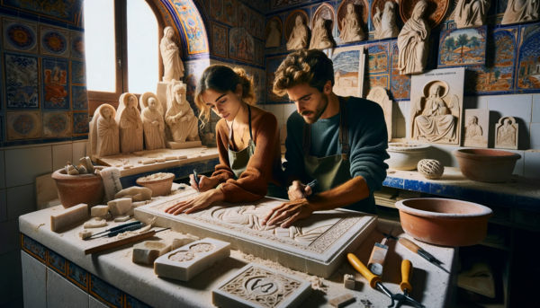 Una pareja atractiva de marmolistas, un hombre y una mujer, trabajando juntos en su taller bien iluminado. Están creando una lápida funeraria para un nicho, con herramientas de marmolería a su alrededor. En el taller, se pueden ver varias lápidas ya terminadas con diferentes motivos, algunos con iconografía religiosa y otros con diseños seculares. Elementos del taller sugieren una localización en Olvera, Provincia de Cádiz, como azulejos típicos o vistas del paisaje de la Sierra de Cádiz a través de una ventana. La imagen debe tener una claridad en HD y transmitir un ambiente de trabajo artesanal y dedicación.