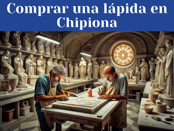 En un taller bien iluminado con luz natural, una pareja de marmolistas atractivos, un hombre y una mujer, están concentrados en el proceso de tallar una lápida para un nicho funerario. El taller está lleno de lápidas ya terminadas, mostrando una mezcla de motivos religiosos y seculares. Se aprecia una decoración que sugiere que están en Chipiona, Provincia de Cádiz, tal vez incluyendo un póster o un calendario con imágenes emblemáticas de la localidad, como el Faro de Chipiona. La imagen transmite la habilidad artesanal de los marmolistas y la claridad de un día laboral en su taller.