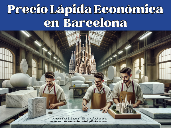 Imagen amplia que representa un taller de mármol de Barcelona, especializado en la elaboración de lápidas. La escena incluye a dos atractivos trabajadores sin gafas, vestidos con trajes de trabajo típicos adaptados al clima y la cultura locales. El escenario es un espacio industrial lleno de losas de mármol y herramientas de escultura. Al fondo, pequeños detalles evocan Barcelona, como una maqueta en miniatura de la Sagrada Familia visible en una estantería. La composición equilibra el ambiente de trabajo industrial con un toque sutil de la esencia de la ciudad. La imagen incluye la URL en español 'https://www.ventadelapidas.es/' en un estilo sutil e integrado, imitando un cartel dentro del taller.