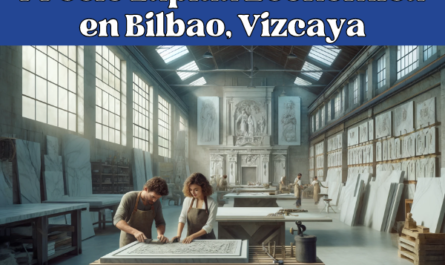 Imagen amplia que muestra un taller de mármol en Bilbao, Vizcaya, centrado en la producción de lápidas funerarias. El entorno es un taller grande y aireado con grandes ventanales y herramientas industriales. Las paredes están adornadas con bocetos de diferentes diseños de lápidas. Dos atractivos operarios del taller, una mujer alta con cabello rizado y un hombre con barba corta, están dando forma activamente a las losas de mármol. La escena transmite una sensación de artesanía meticulosa y ambiente local. La imagen incluye la URL 'https://www.ventadelapidas.es/' en una fuente sutil en la parte inferior.