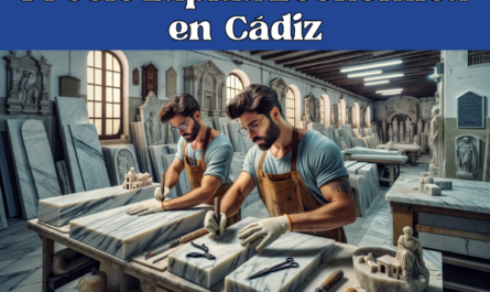 Imagen amplia de un taller de mármol en Cádiz, España, donde se elaboran lápidas. El taller está lleno de grandes losas de mármol y herramientas tradicionales. Dos atractivos trabajadores varones, vestidos con trajes de trabajo típicos de la región pero sin gafas, participan activamente en la escultura de las lápidas. La ambientación incluye sutiles toques gaditanos, como una pequeña réplica de la Catedral de Cádiz sutilmente colocada sobre una estantería. El ambiente es ajetreado pero artístico, y captura la esencia de esta artesanía única. La imagen incluye la URL: https://www.ventadelapidas.es/ de forma sutil como parte de la descripción de la escena.