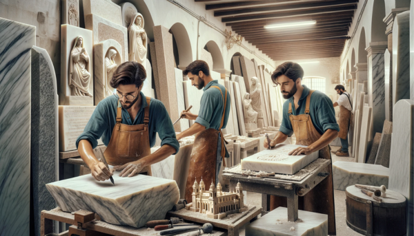 Imagen amplia de un taller de mármol en Cádiz, España, donde se elaboran lápidas. El taller está lleno de grandes losas de mármol y herramientas tradicionales. Dos atractivos trabajadores varones, vestidos con trajes de trabajo típicos de la región pero sin gafas, participan activamente en la escultura de las lápidas. La ambientación incluye sutiles toques gaditanos, como una pequeña réplica de la Catedral de Cádiz sutilmente colocada sobre una estantería. El ambiente es ajetreado pero artístico, y captura la esencia de esta artesanía única. La imagen incluye la URL: https://www.ventadelapidas.es/ de forma sutil como parte de la descripción de la escena.