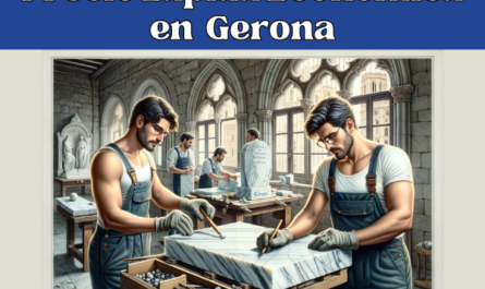 Imagen amplia de un taller de mármol en Girona, España, donde atractivos trabajadores masculinos elaboran lápidas. La escena muestra a dos trabajadores, vestidos con vestimenta apropiada para la profesión y el estilo local (sin gafas), ocupados dando forma a losas de mármol. El fondo incluye elementos arquitectónicos distintivos que sugieren Girona, como una visión de las famosas estructuras góticas de la ciudad a través de una ventana. La imagen incorpora sutilmente pequeños detalles que evocan la esencia de la ciudad. La descripción de la imagen está en español europeo, destacando la URL: https://www.ventadelapidas.es/