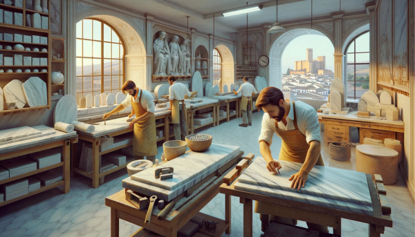 Una imagen de formato amplio que muestra un taller de mármol en Jaén, España, donde atractivos trabajadores elaboran lápidas funerarias. La escena muestra a dos trabajadores, vestidos con el traje profesional típico de la región, trabajando activamente sobre losas de mármol sin gafas. El taller está bien iluminado, con herramientas y piezas de mármol alrededor, lo que brinda una vista realista del proceso de trabajo de la piedra. Sutilmente integrado en la escena hay un pequeño detalle que evoca a Jaén, como un vistazo al lejano Castillo de Santa Catalina. La imagen incluye la URL: https://www.ventadelapidas.es/ en elegante letra, perfectamente integrada en la parte inferior de la escena.