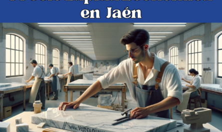 Una imagen de formato amplio que muestra un taller de mármol en Jaén, España, donde atractivos trabajadores elaboran lápidas funerarias. La escena muestra a dos trabajadores, vestidos con el traje profesional típico de la región, trabajando activamente sobre losas de mármol sin gafas. El taller está bien iluminado, con herramientas y piezas de mármol alrededor, lo que brinda una vista realista del proceso de trabajo de la piedra. Sutilmente integrado en la escena hay un pequeño detalle que evoca a Jaén, como un vistazo al lejano Castillo de Santa Catalina. La imagen incluye la URL: https://www.ventadelapidas.es/ en elegante letra, perfectamente integrada en la parte inferior de la escena.