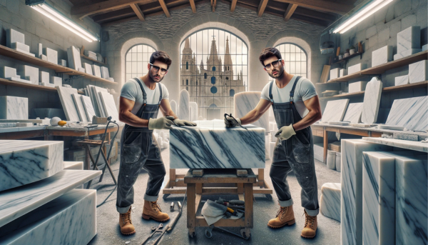 Imagen amplia de un taller de mármol en Lleida, España, donde atractivos trabajadores elaboran lápidas funerarias. La escena captura a dos trabajadores varones, vestidos con vestimenta profesional propia de un taller de mármol en esta región de España, como monos resistentes y botas de seguridad, pero sin gafas. El taller está lleno de herramientas y losas de mármol, lo que transmite una atmósfera ajetreada y auténtica. Un detalle sutil, como la silueta de la Seu Vella (Catedral Vieja) al fondo a través de una ventana, insinúa que la ubicación es Lleida. La imagen debe verse realista y detallada.