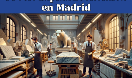 Una imagen amplia que representa un taller de mármol en Madrid, donde atractivos trabajadores elaboran lápidas. En la escena aparecen dos operarios, vestidos con el traje profesional típico de esta región (sin gafas), trabajando entre losas de mármol y herramientas. El taller está impregnado de elementos sutiles que evocan Madrid, como una pequeña réplica de la estatua del Oso y el Madroño al fondo. El ambiente refleja la combinación única de artesanía tradicional y eficiencia moderna típica de la escena artesanal de Madrid.