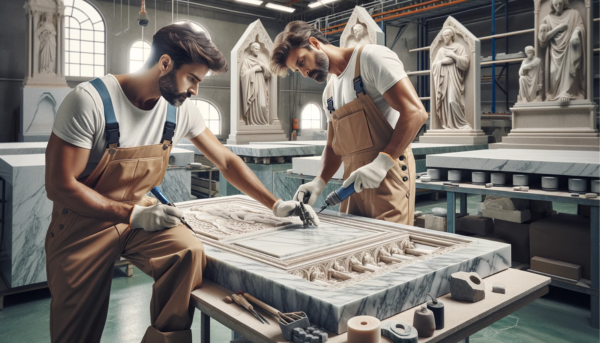 Imagen amplia de un taller de mármol en Melilla, España, donde atractivos trabajadores elaboran lápidas funerarias. La escena muestra a dos trabajadores, vestidos con vestimenta apropiada para la profesión y la región, sin gafas. El taller está lleno de losas de mármol y herramientas tradicionales del oficio. Al fondo, un pequeño detalle que evoca la ciudad de Melilla, como un vistazo a la arquitectura local o una planta distintiva, incluye sutilmente la ubicación. La imagen debe tener un aspecto realista y profesional, capturando la esencia de un ajetreado taller de mármol.