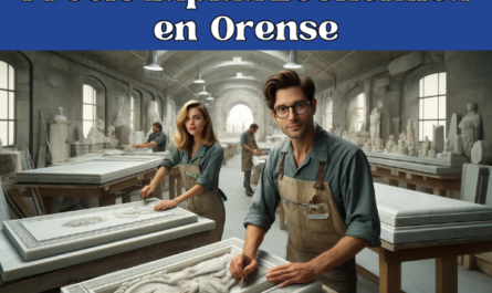 Imagen amplia de un taller de mármol en Orense, España, donde atractivos trabajadores elaboran lápidas funerarias. La escena incluye a dos operadores, un hombre y una mujer, vestidos con traje de trabajo típico de la región (sin gafas). El taller está lleno de losas de mármol y herramientas de tallado, que evocan la artesanía tradicional de la zona. Pequeños detalles, como una réplica en miniatura del Puente de Orense, se incluyen sutilmente en el fondo para insinuar la ubicación. La composición de la imagen equilibra el ambiente de trabajo con un sentido de cultura local.