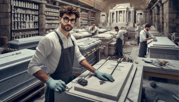 Imagen amplia de un taller de mármol en Orense, España, donde atractivos trabajadores elaboran lápidas funerarias. La escena incluye a dos operadores, un hombre y una mujer, vestidos con traje de trabajo típico de la región (sin gafas). El taller está lleno de losas de mármol y herramientas de tallado, que evocan la artesanía tradicional de la zona. Pequeños detalles, como una réplica en miniatura del Puente de Orense, se incluyen sutilmente en el fondo para insinuar la ubicación. La composición de la imagen equilibra el ambiente de trabajo con un sentido de cultura local.