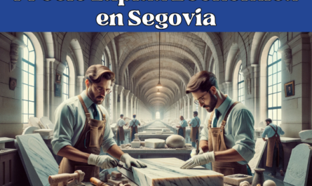 Imagen amplia de un taller de mármol en Segovia, España, donde atractivos trabajadores masculinos elaboran lápidas funerarias. La escena está llena de actividad y muestra a dos trabajadores vestidos con trajes típicos de la profesión y de la región (sin gafas), tallando y puliendo activamente losas de mármol. El taller está bien iluminado y hay herramientas y piezas de mármol esparcidas por todos lados. Pequeños detalles como una vista lejana del Acueducto de Segovia a través de una ventana añaden un toque local. Incluye la URL en español 'https://www.ventadelapidas.es/' en la esquina inferior de la imagen en una fuente elegante y sutil.