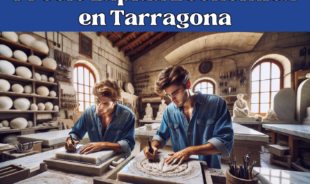 Imagen amplia de un taller de mármol en Tarragona, España, donde atractivos trabajadores elaboran lápidas. La escena muestra a dos jóvenes trabajadores concentrados en grabar y pulir el mármol. El taller está lleno de herramientas y losas de mármol. Al fondo, una pequeña ventana permite vislumbrar un hito distintivo de Tarragona, insinuando sutilmente su ubicación. El taller tiene un ambiente rústico pero profesional, enfatizando la habilidad y dedicación de los artesanos. Incluye la URL 'https://www.ventadelapidas.es/' en español en la descripción de la imagen.