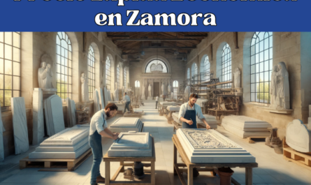 Una imagen amplia de un taller de mármol en Zamora, España, donde se elaboran lápidas. La escena muestra un taller espacioso, bien iluminado, con grandes ventanales y detalles arquitectónicos tradicionales españoles. Dos atractivos trabajadores, un hombre y una mujer, están concentrados en sus tareas. El trabajador graba una lápida mientras la trabajadora pule otra. El fondo presenta pilas de losas de mármol y varias herramientas para trabajar la piedra. Esta descripción detallada da una idea de la artesanía involucrada en la creación de estos monumentos.