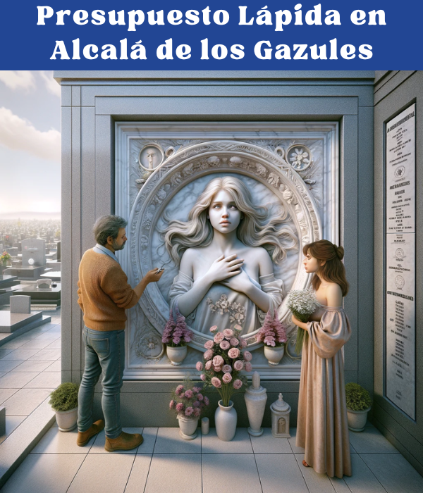 Imagen cuadrada hiperrealista de una mujer joven de entre 25 y 35 años, de pie delante de la pared de un nicho en un cementerio de Alcalá de los Gazules, Cádiz. Está mirando una lápida con la foto de un familiar fallecido. Un marmolista profesional está a su lado, asesorándola sobre la lápida. El entorno es tranquilo, y ella lleva flores en las manos. La lápida tiene un diseño intrincado con tallas detalladas, que reflejan la destreza del marmolista. Los alrededores del cementerio están decorados, lo que indica una atmósfera serena y respetuosa. https://www.ventadelapidas.es/