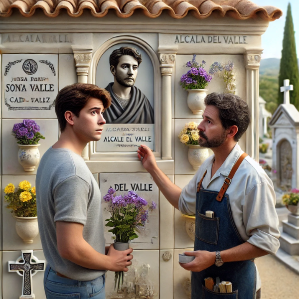 Imagen cuadrada hiperrealista de un joven de entre 25 y 35 años de pie en un cementerio de Alcalá del Valle, Cádiz. El joven, con flores en la mano, está mirando un nicho en la pared con una lápida que tiene la foto de un familiar fallecido. A su lado hay un cantero profesional, experto en monumentos funerarios, que le aconseja con actitud tranquila. La escena tiene una atmósfera serena, con la decoración y el contexto típicos de un cementerio. https://www.ventadelapidas.es/