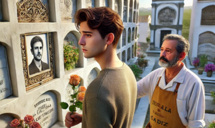 Imagen cuadrada hiperrealista de un joven de entre 25 y 35 años de pie en un cementerio de Alcalá del Valle, Cádiz. El joven, con flores en la mano, está mirando un nicho en la pared con una lápida que tiene la foto de un familiar fallecido. A su lado hay un cantero profesional, experto en monumentos funerarios, que le aconseja con actitud tranquila. La escena tiene una atmósfera serena, con la decoración y el contexto típicos de un cementerio. https://www.ventadelapidas.es/