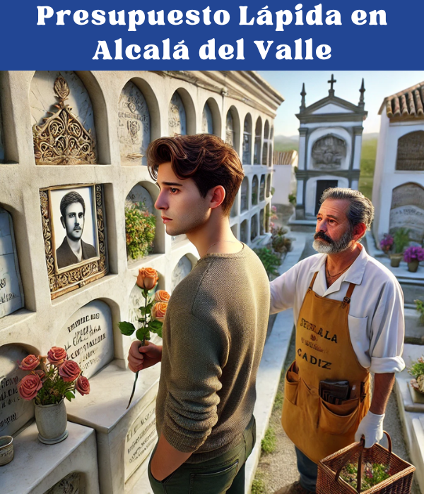 Imagen cuadrada hiperrealista de un joven de entre 25 y 35 años de pie en un cementerio de Alcalá del Valle, Cádiz. El joven, con flores en la mano, está mirando un nicho en la pared con una lápida que tiene la foto de un familiar fallecido. A su lado hay un cantero profesional, experto en monumentos funerarios, que le aconseja con actitud tranquila. La escena tiene una atmósfera serena, con la decoración y el contexto típicos de un cementerio. https://www.ventadelapidas.es/