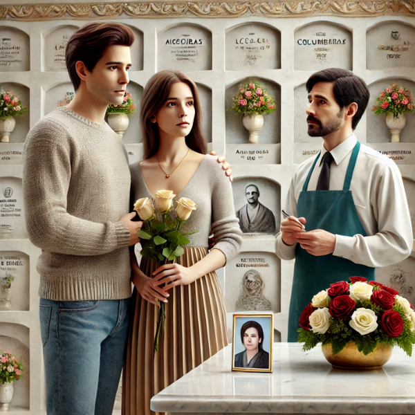 Imagen cuadrada hiperrealista que representa a una pareja joven (de entre 35 y 40 años) en un cementerio de Algeciras, Cádiz. Están de pie frente a una pared de nichos, osarios o columbarios, mirando una lápida con la foto de un familiar fallecido. Están en actitud pacífica, uno de ellos con flores en la mano. A su lado hay un marmolista profesional, que les está asesorando. La escena se desarrolla en un contexto de cementerio decorado, con una atmósfera serena y respetuosa.
https://www.ventadelapidas.es/