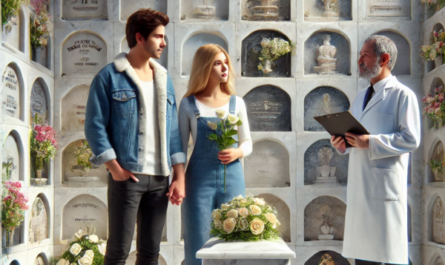 Imagen cuadrada hiperrealista que representa a una pareja joven (de entre 35 y 40 años) en un cementerio de Algeciras, Cádiz. Están de pie frente a una pared de nichos, osarios o columbarios, mirando una lápida con la foto de un familiar fallecido. Están en actitud pacífica, uno de ellos con flores en la mano. A su lado hay un marmolista profesional, que les está asesorando. La escena se desarrolla en un contexto de cementerio decorado, con una atmósfera serena y respetuosa. https://www.ventadelapidas.es/