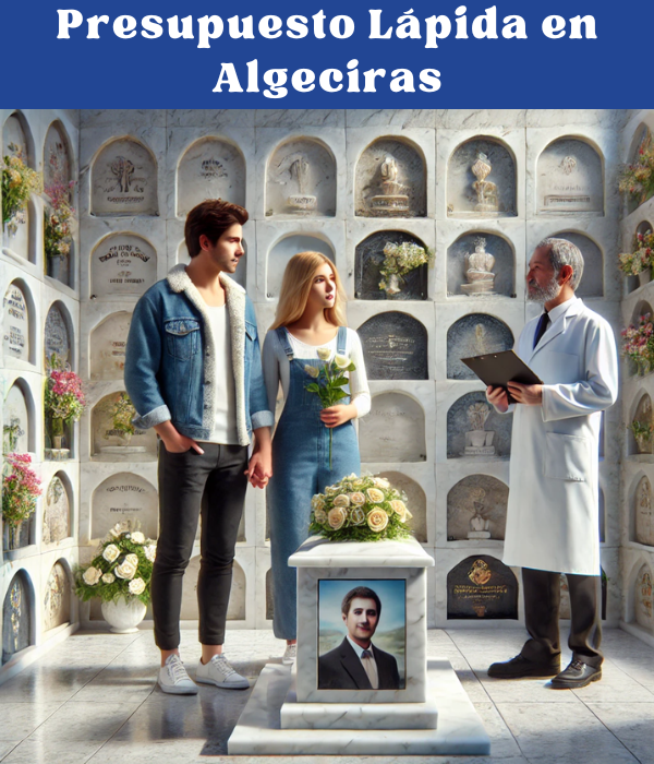 Imagen cuadrada hiperrealista que representa a una pareja joven (de entre 35 y 40 años) en un cementerio de Algeciras, Cádiz. Están de pie frente a una pared de nichos, osarios o columbarios, mirando una lápida con la foto de un familiar fallecido. Están en actitud pacífica, uno de ellos con flores en la mano. A su lado hay un marmolista profesional, que les está asesorando. La escena se desarrolla en un contexto de cementerio decorado, con una atmósfera serena y respetuosa. https://www.ventadelapidas.es/