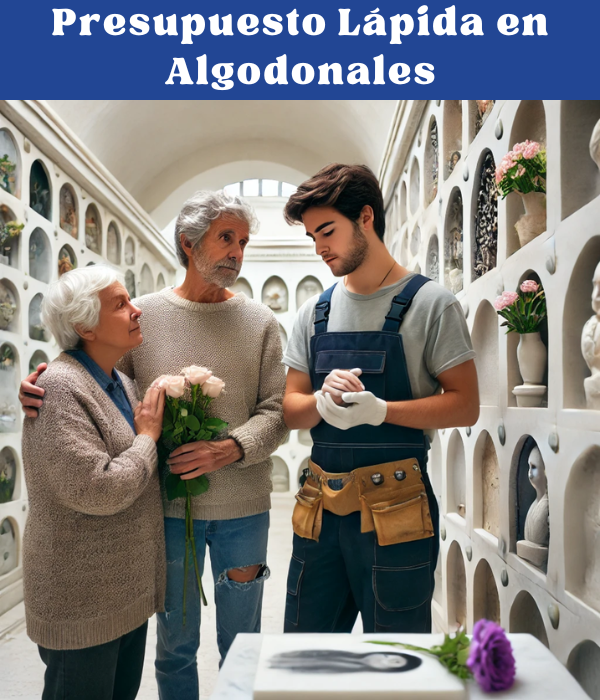 En un sereno cementerio situado en Algodonales, Cádiz, un joven adulto está de pie junto a su anciana madre. Ambas están mirando una lápida colocada en una pared de nichos, con la foto de un familiar fallecido. Junto a ellas hay un marmolista profesional, especialista en monumentos funerarios, que les está ofreciendo consejo. El joven sostiene flores, y el ambiente es de serena reflexión. El cementerio está sutilmente decorado, y la escena transmite una sensación de tranquilo recuerdo y respeto. https://www.ventadelapidas.es/