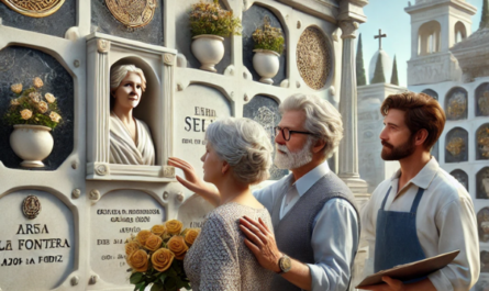 Imagen hiperrealista de una pareja madura de entre 55 y 60 años, de pie en un cementerio, mirando una placa conmemorativa en una pared de nichos o columbarios. La placa conmemorativa tiene una foto de un familiar. Les acompaña un marmolista que les está asesorando. La pareja lleva flores en la mano y está en actitud pacífica. El entorno del cementerio está decorado con elementos que sugieren que se encuentran en la localidad de Arcos de la Frontera, Cádiz. La escena transmite una atmósfera sombría pero serena. https://www.ventadelapidas.es/