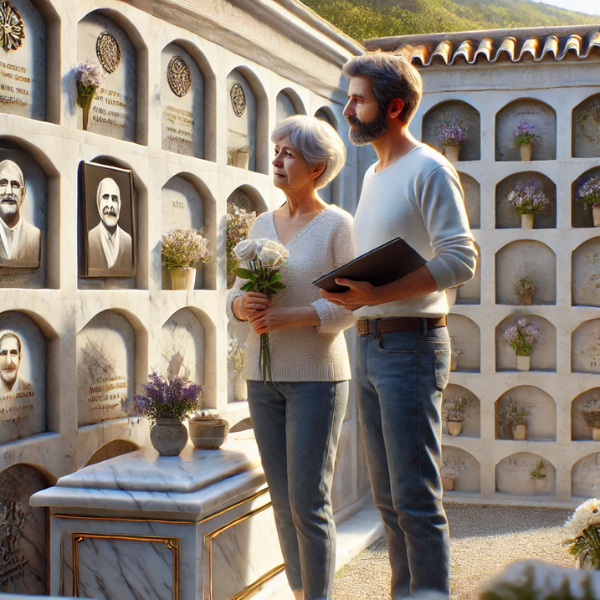 Imagen hiperrealista de una pareja madura de entre 55 y 60 años, de pie en un cementerio, mirando una placa conmemorativa en una pared de nichos o columbarios. La placa conmemorativa tiene una foto de un familiar. Les acompaña un marmolista que les está asesorando. La pareja lleva flores en la mano y está en actitud pacífica. El entorno del cementerio está decorado con elementos que sugieren que se encuentran en la localidad de Arcos de la Frontera, Cádiz. La escena transmite una atmósfera sombría pero serena.
https://www.ventadelapidas.es/